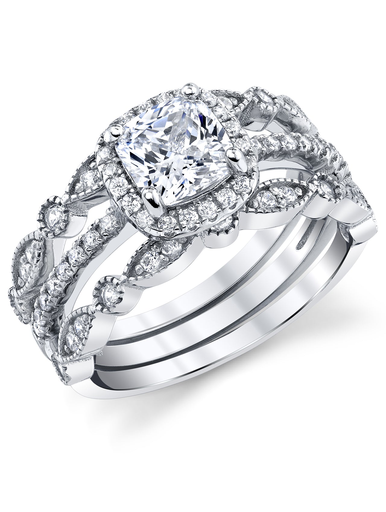 Women's 1.32Ct Sterling Silver 3Pc Bridal Set Engagement Wedding Ring Cushion-Cut Cubic Zirconia