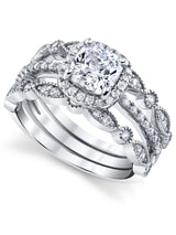 Women's 1.32Ct Sterling Silver 3Pc Bridal Set Engagement Wedding Ring Cushion-Cut Cubic Zirconia