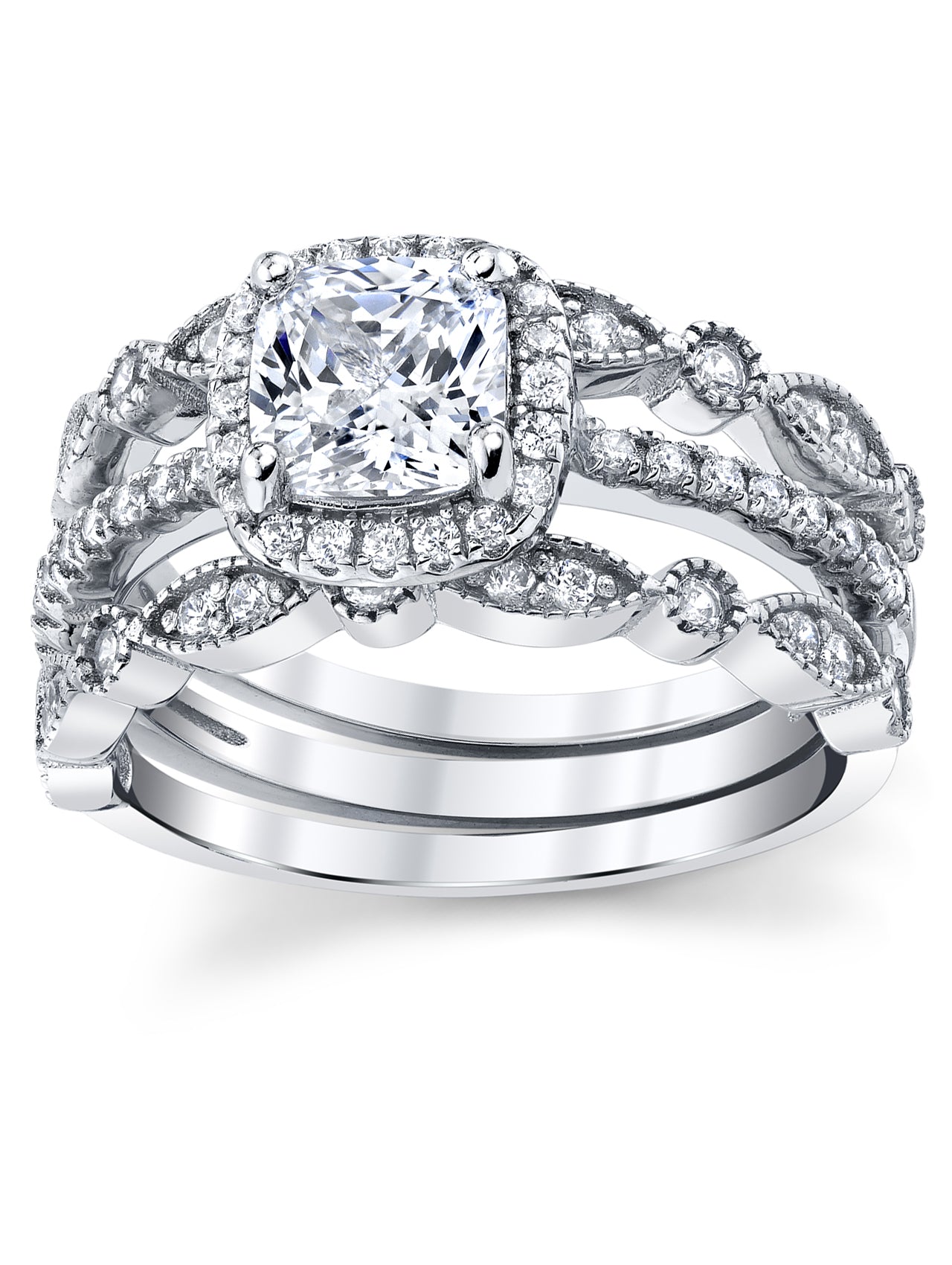 Women's 1.32Ct Sterling Silver 3Pc Bridal Set Engagement Wedding Ring Cushion-Cut Cubic Zirconia