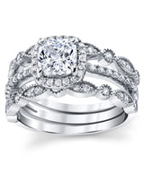 Women's 1.32Ct Sterling Silver 3Pc Bridal Set Engagement Wedding Ring Cushion-Cut Cubic Zirconia