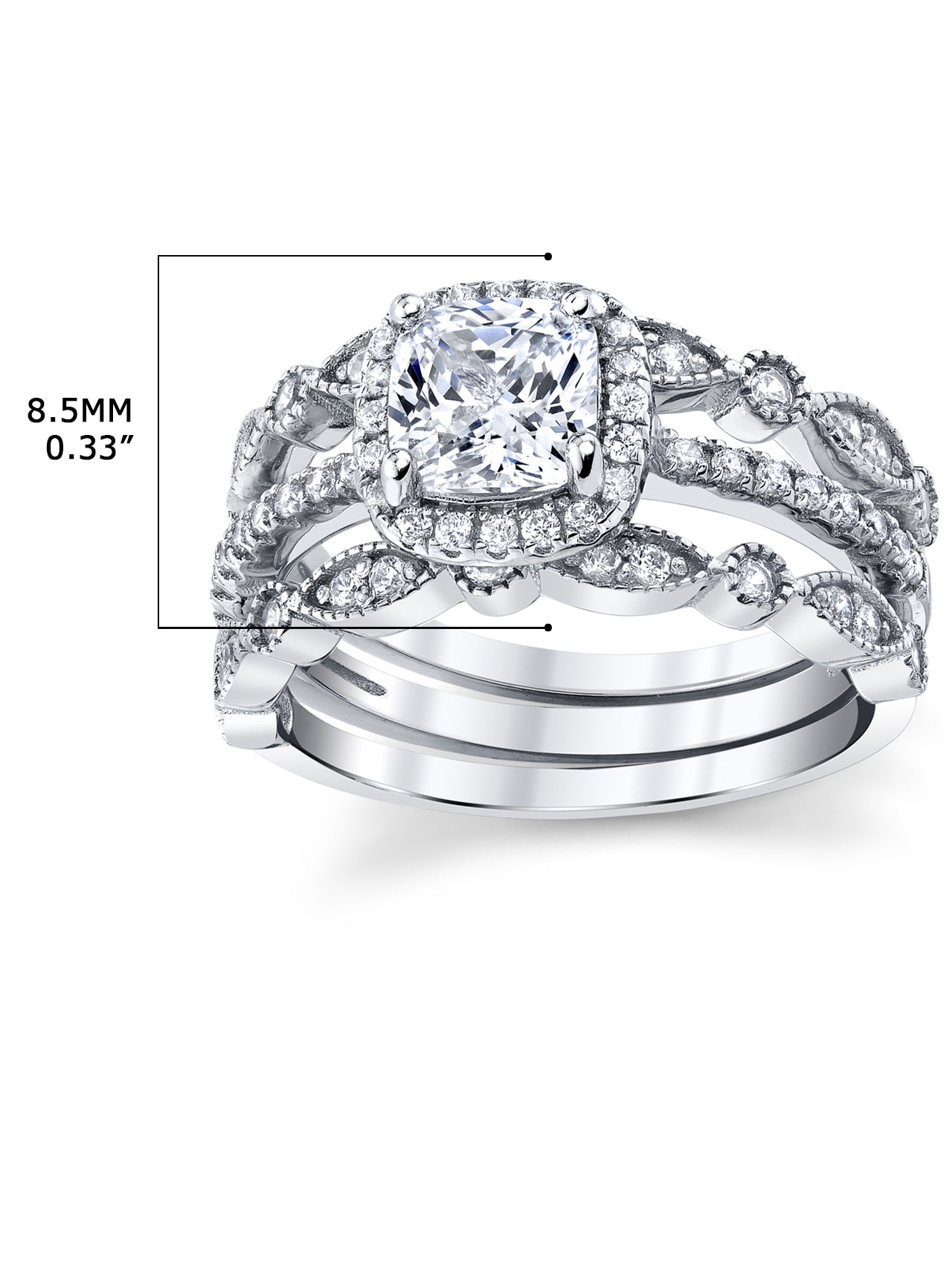 Women's 1.32Ct Sterling Silver 3Pc Bridal Set Engagement Wedding Ring Cushion-Cut Cubic Zirconia