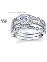 Women's 1.32Ct Sterling Silver 3Pc Bridal Set Engagement Wedding Ring Cushion-Cut Cubic Zirconia