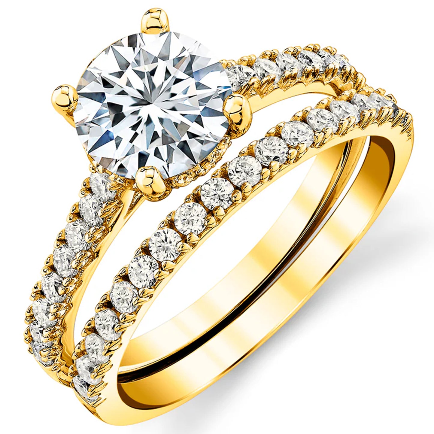 2 Carat Round-Cut Moissanite Halo Bridal Set Engagement Wedding Ring 18K Yellow Gold over Silver