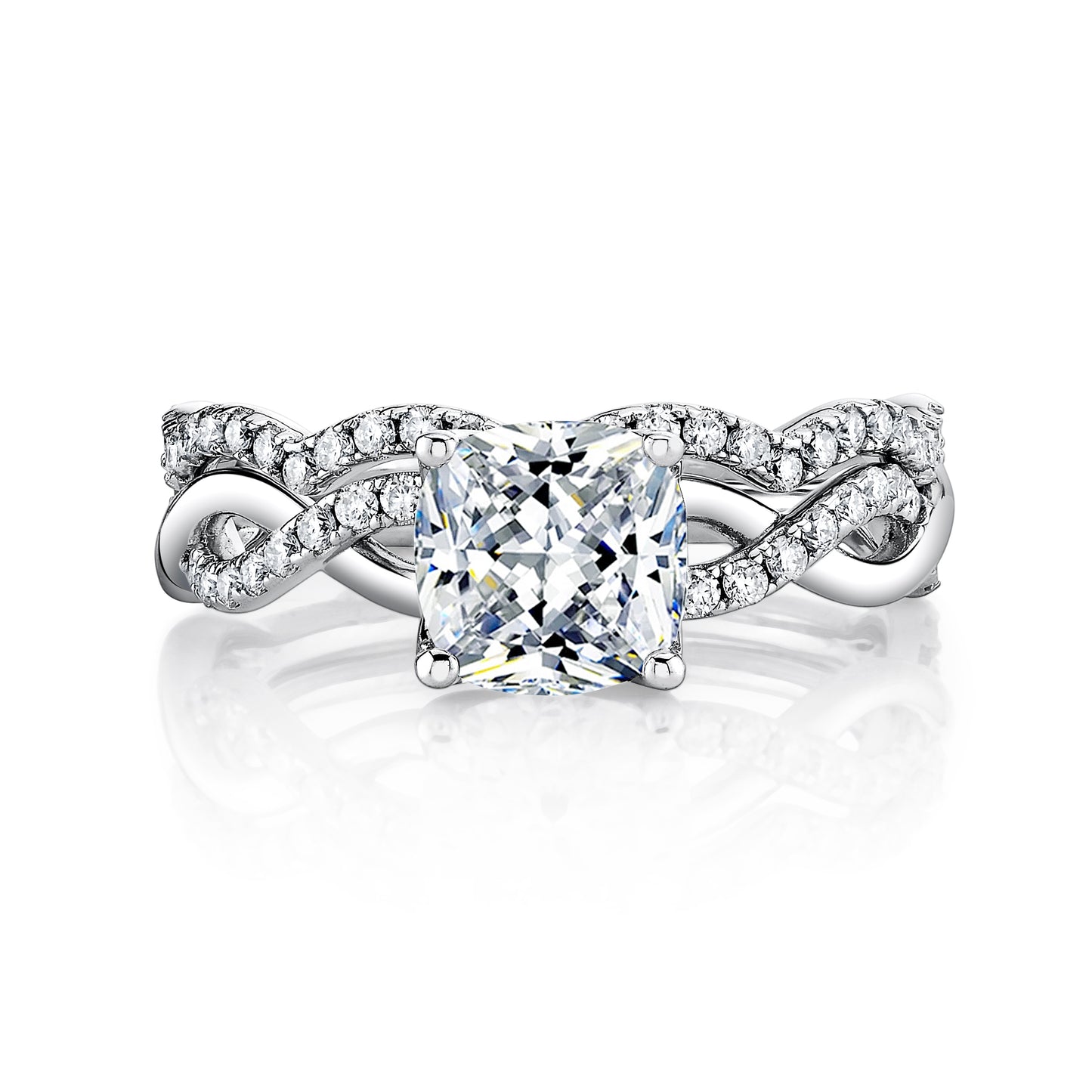 2Ct. Cushion Cut Moissanite Engagement Bridal Set Tulip Basket Setting Contoured Infinity Twist Wedding 18K White Gold Over Silver