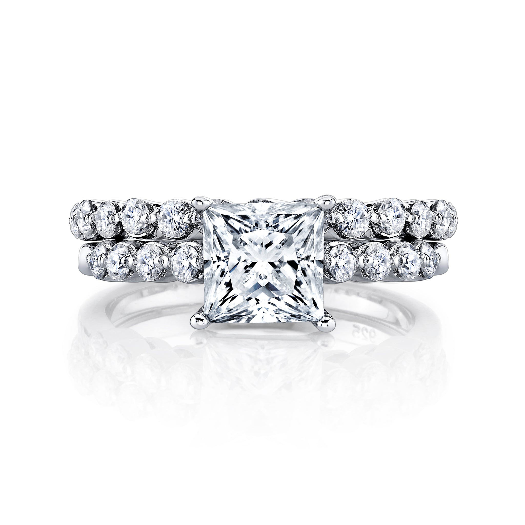 2.10Ct. Princess-Cut Moissanite Cathedral Wedding Bridal Set Engagement Ring 18K White Gold over Silver