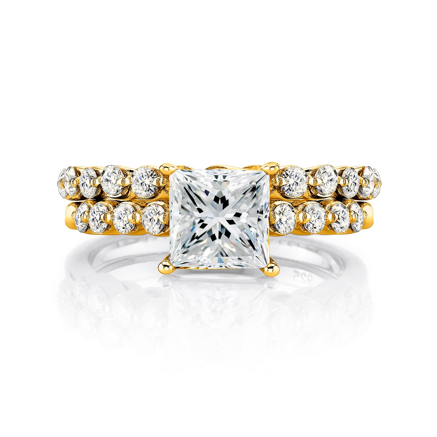 2.10Ct. Princess-Cut Moissanite Cathedral Wedding Bridal Set Engagement Ring 18K Yellow Gold over Silver