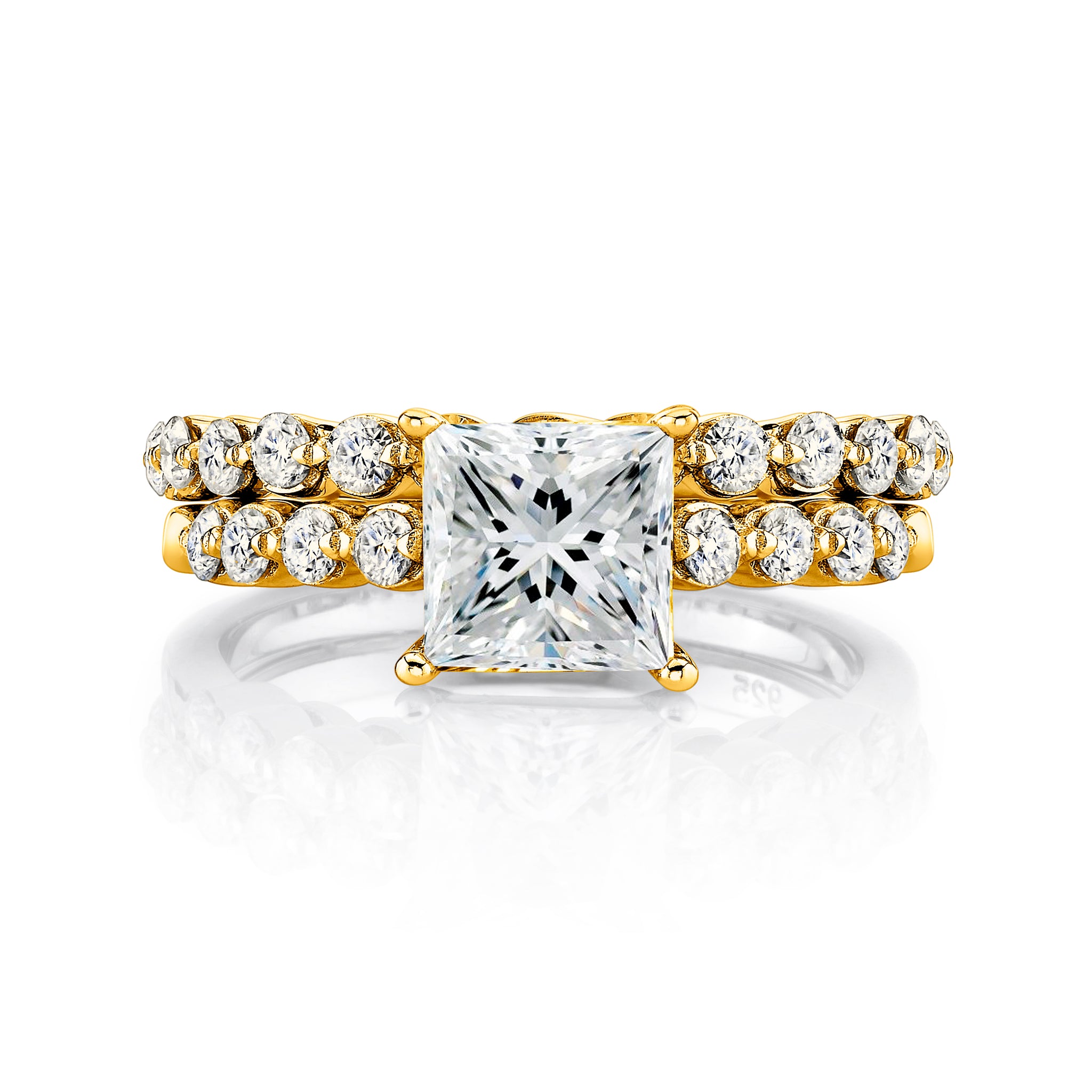 2.10Ct. Princess-Cut Moissanite Cathedral Wedding Bridal Set Engagement Ring 18K Yellow Gold over Silver
