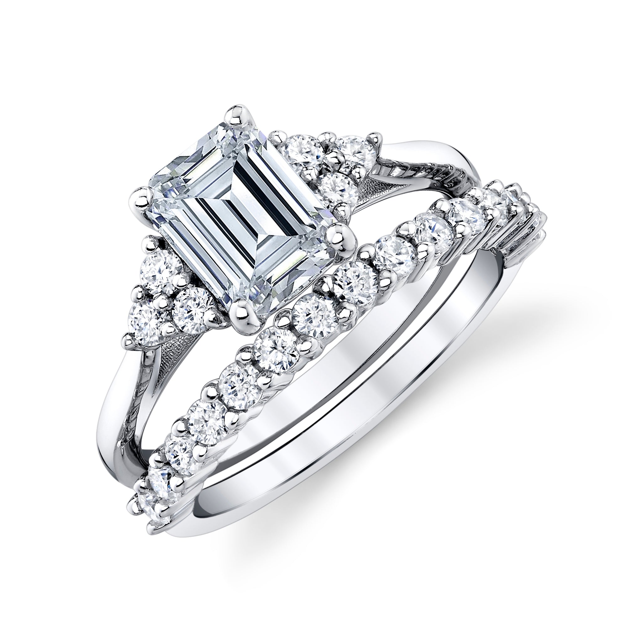 2.75Ct. Emerald Cut Moissanite Victorian Vintage Bridal Set Engagement Ring Wedding Band 18K White Gold over Silver