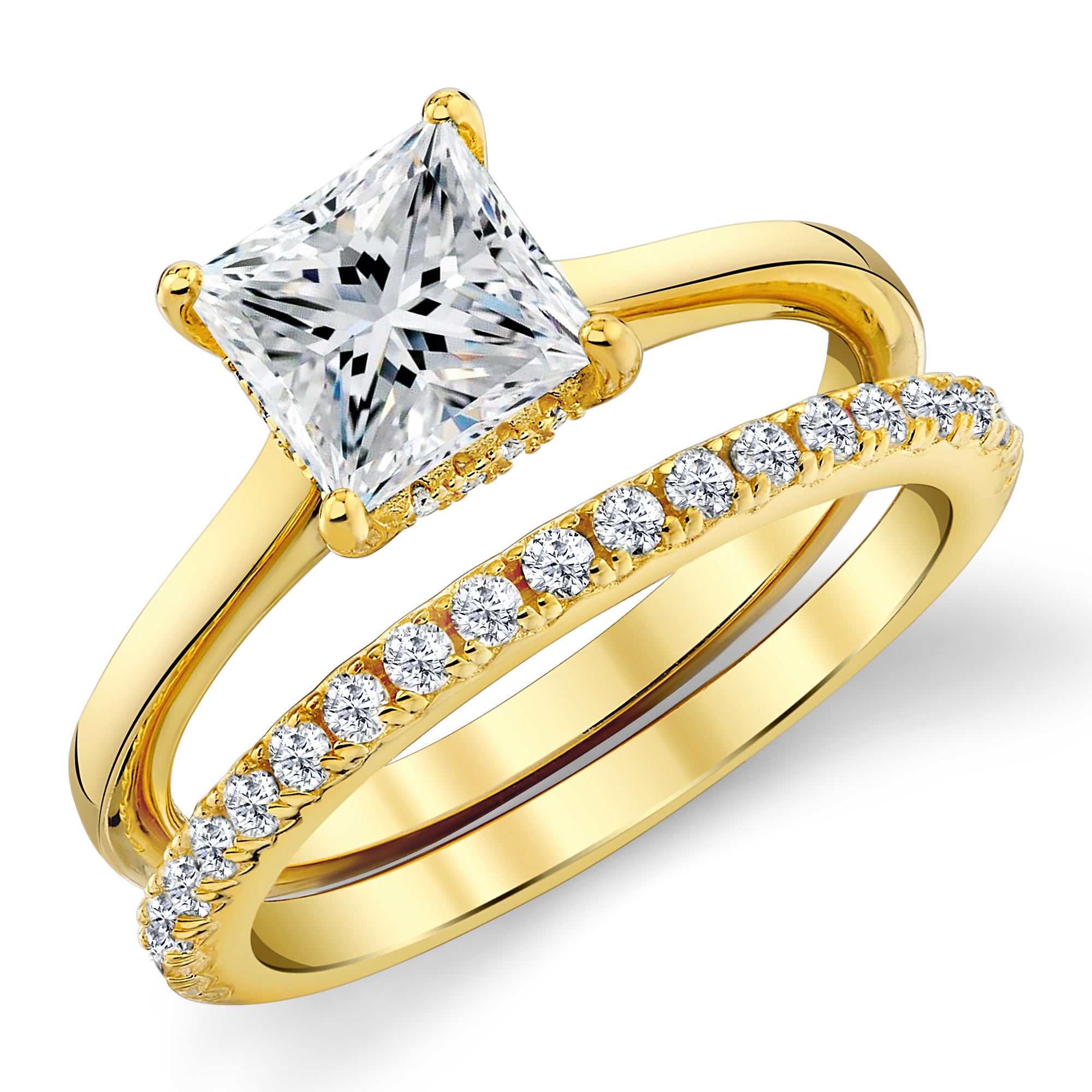1.85Ct Princess-Cut Moissanite Under Halo Wedding Ring Band Bridal Set 18K Gold over Silver