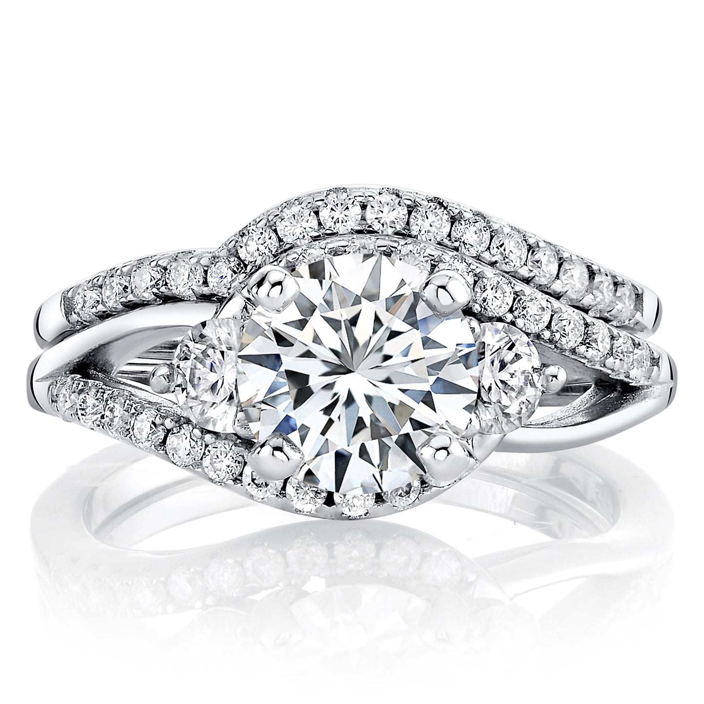 2.4Ct Round Brilliant Love Knot Moissanite Bridal Set Past Present Future Engagement Ring 18K White Gold over Silver