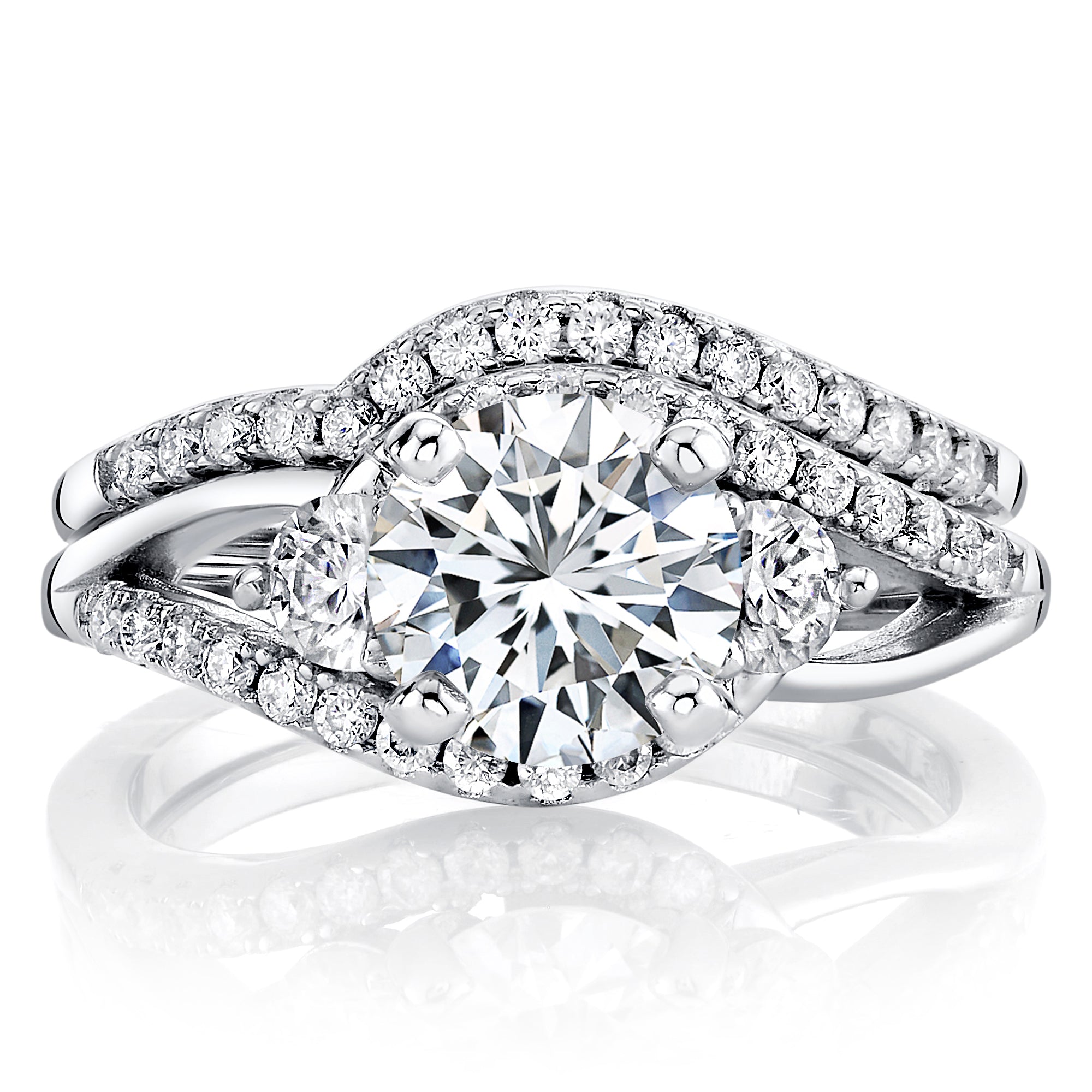 2.4Ct Round Brilliant Love Knot Moissanite Bridal Set Past Present Future Engagement Ring 18K White Gold over Silver