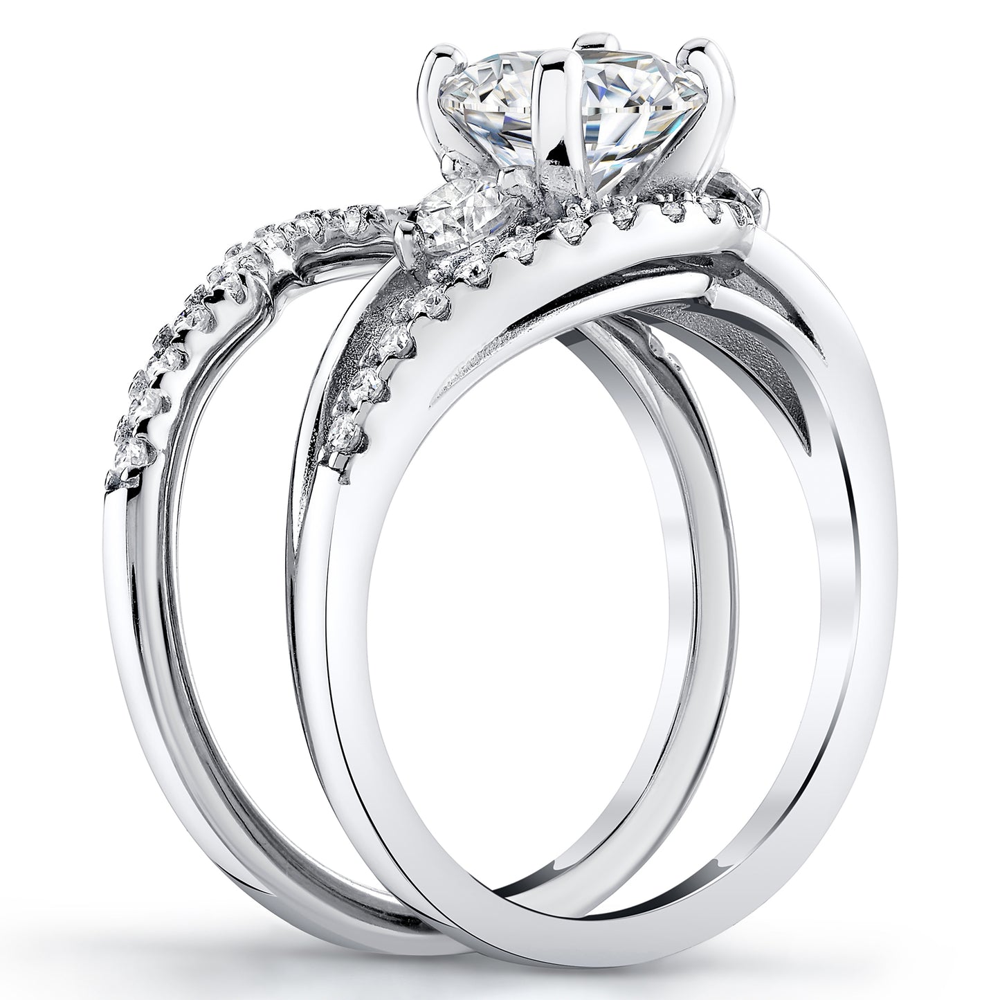 2.4Ct Round Brilliant Love Knot Moissanite Bridal Set Past Present Future Engagement Ring 18K White Gold over Silver