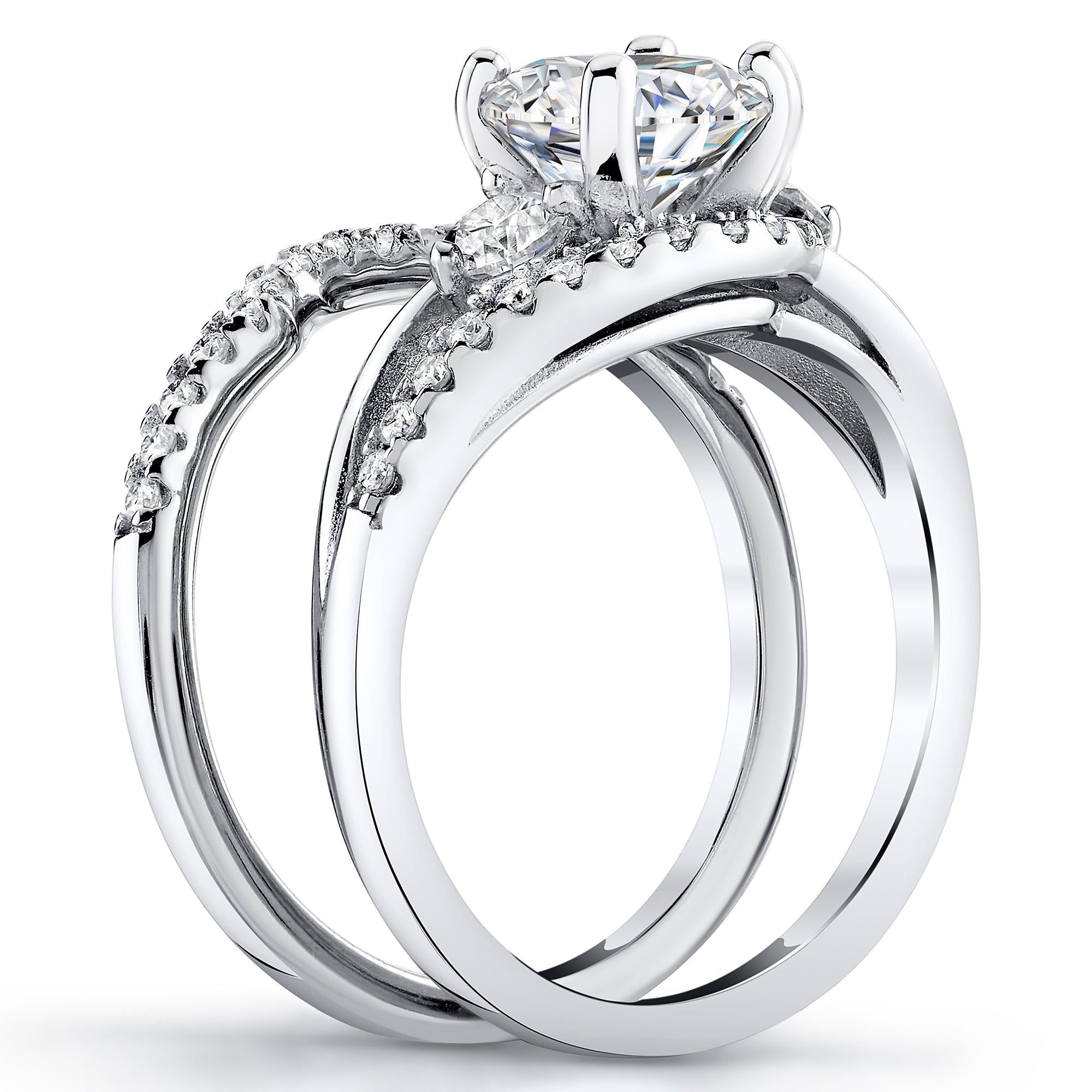 2.4Ct Round Brilliant Love Knot Moissanite Bridal Set Past Present Future Engagement Ring 18K White Gold over Silver