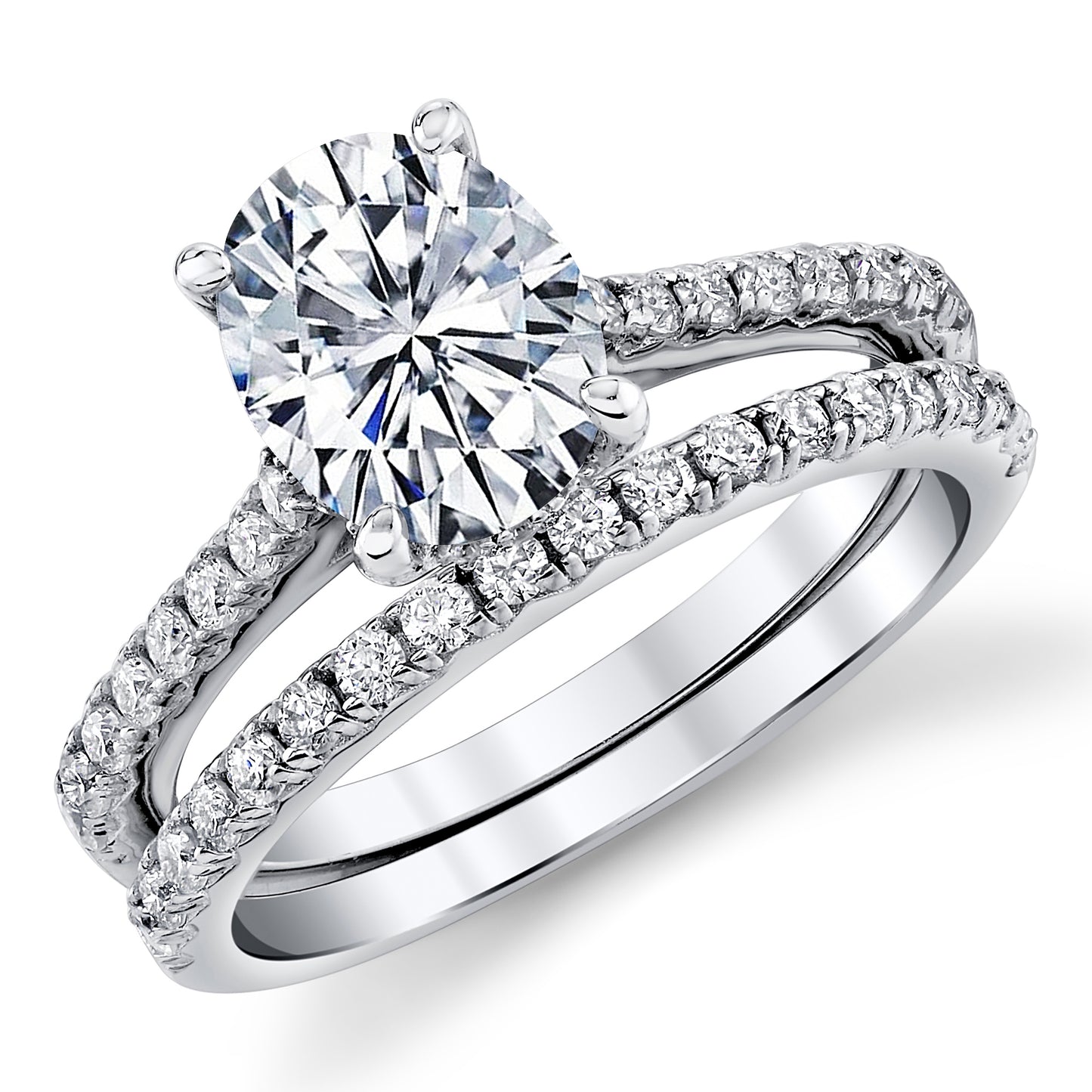 2.5Ct Oval Moissanite Under Halo Wedding Ring Band Bridal Set 18K White Gold over Silver