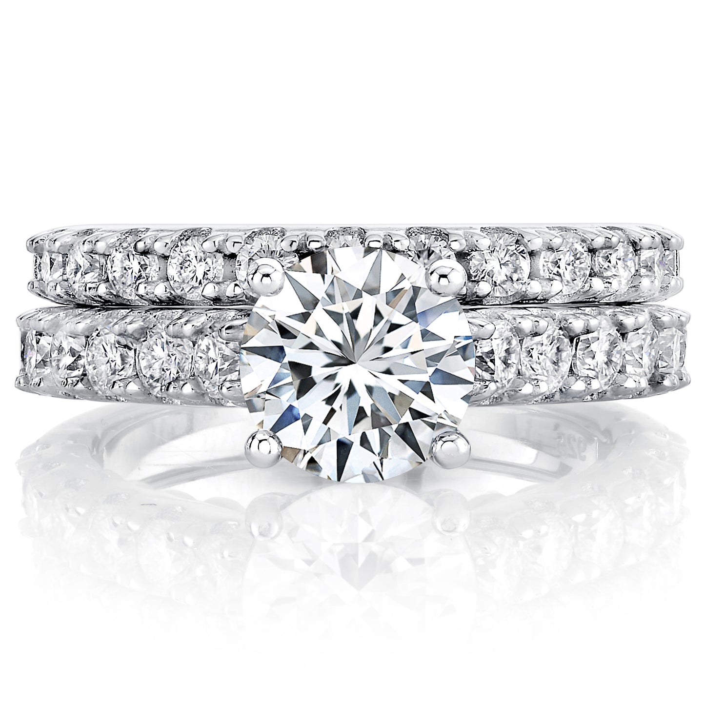 3.3Ct Round Moissanite Cathedral Style Wedding Ring Under Halo Bridal Set 18K White Gold over Silver