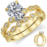 2.5Ct Victorian Vintage Oval Moissanite Bridal Set Under Halo Migrain Wedding Band 18K Gold over Silver