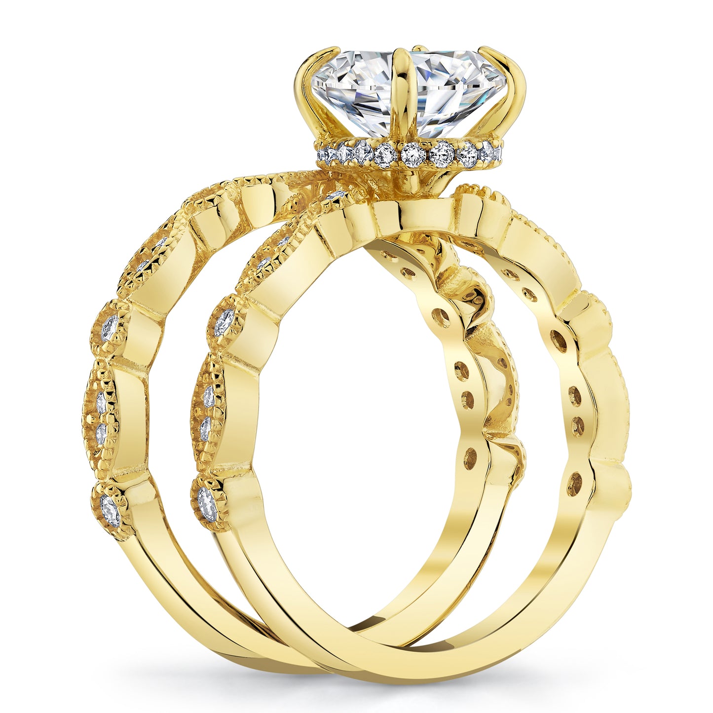 2.5Ct Victorian Vintage Oval Moissanite Bridal Set Under Halo Migrain Wedding Band 18K Gold over Silver