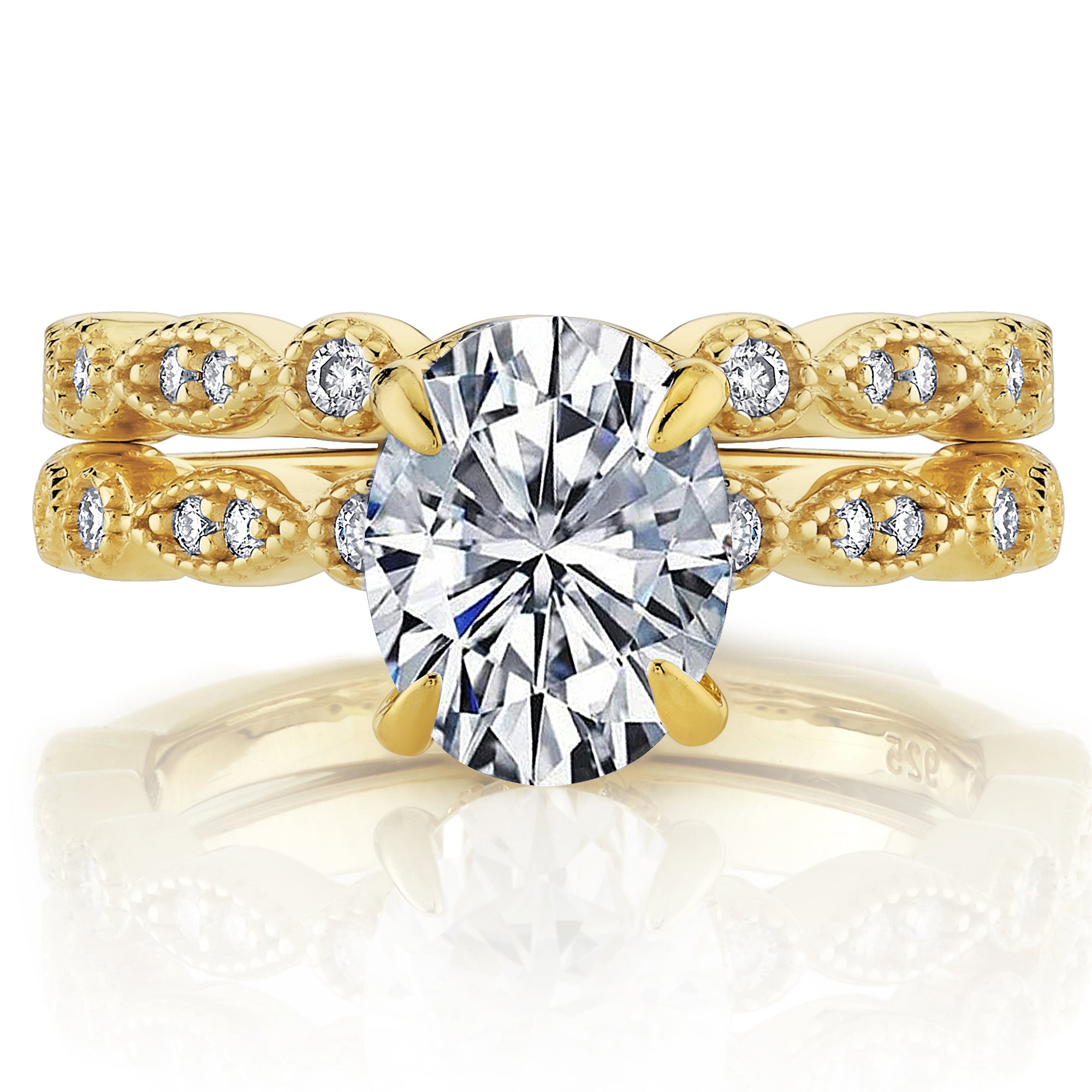 2.5Ct Victorian Vintage Oval Moissanite Bridal Set Under Halo Migrain Wedding Band 18K Gold over Silver