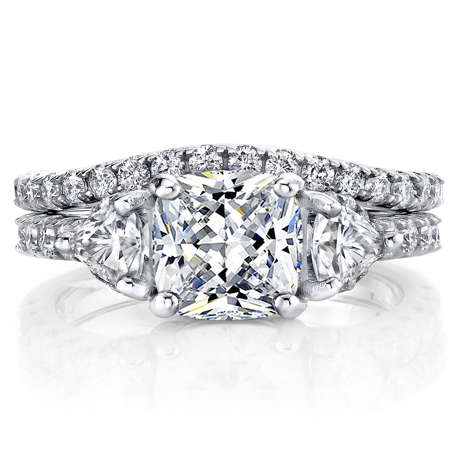 2.75Ct Moissanite Trillion Halo Vintage Cushion Filigree 18K White Gold over Silver Wedding Engagement Ring Set