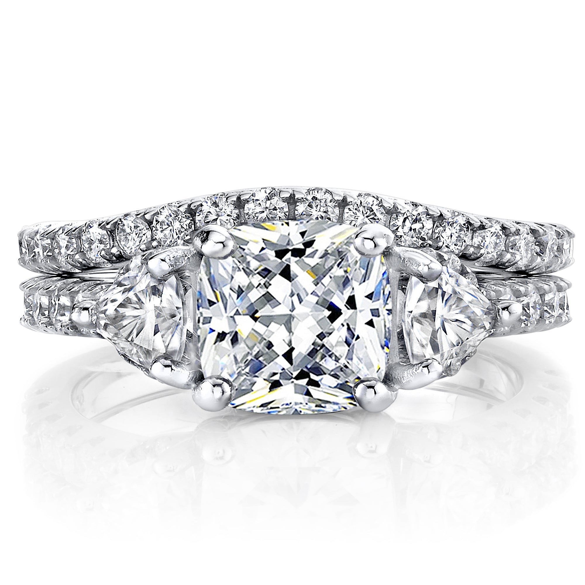 2.75Ct Moissanite Trillion Halo Vintage Cushion Filigree 18K White Gold over Silver Wedding Engagement Ring Set