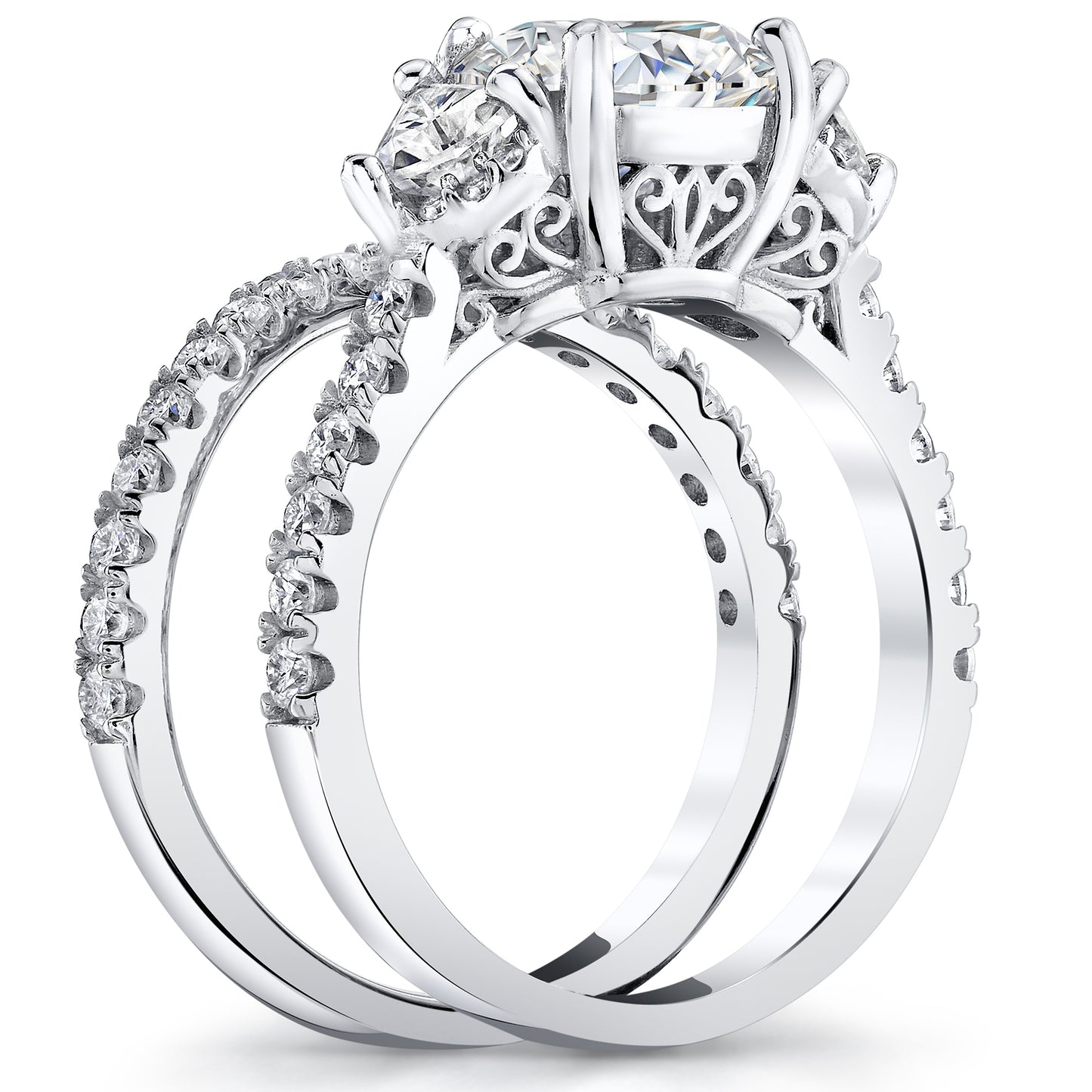 2.75Ct Moissanite Trillion Halo Vintage Cushion Filigree 18K White Gold over Silver Wedding Engagement Ring Set