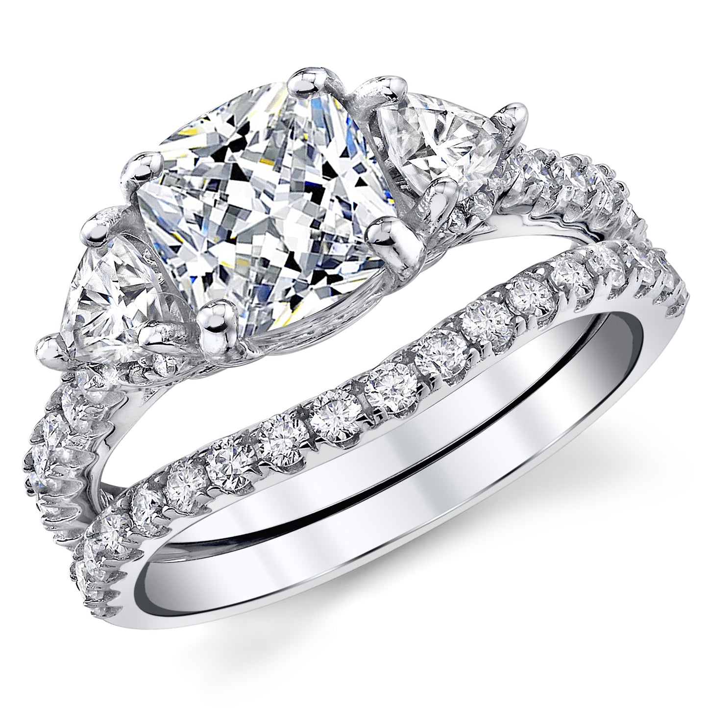 2.75Ct Moissanite Trillion Halo Vintage Cushion Filigree 18K White Gold over Silver Wedding Engagement Ring Set