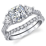 2.75Ct Moissanite Trillion Halo Vintage Cushion Filigree 18K White Gold over Silver Wedding Engagement Ring Set