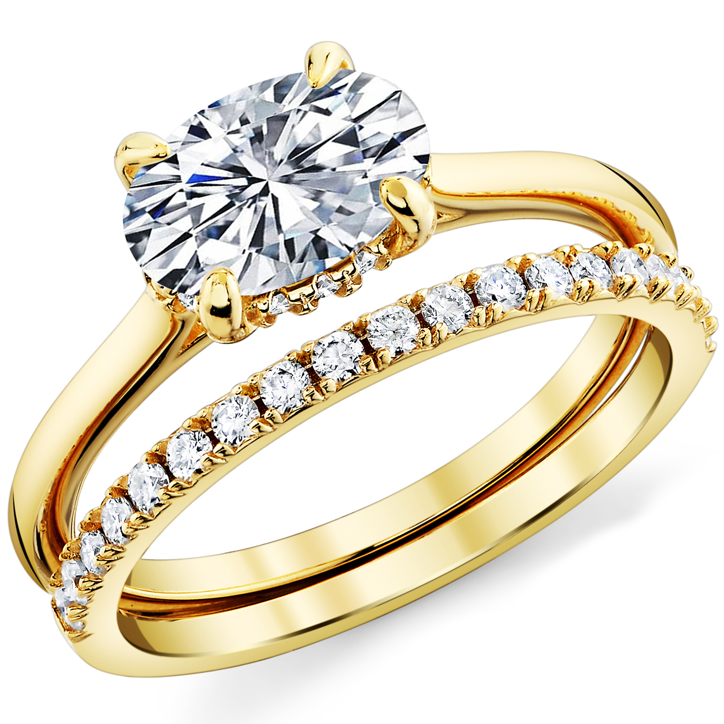 2Ct. Moissanite 18K Gold Sterling Silver East West Under Halo Engagement Wedding Ring Bridal Set