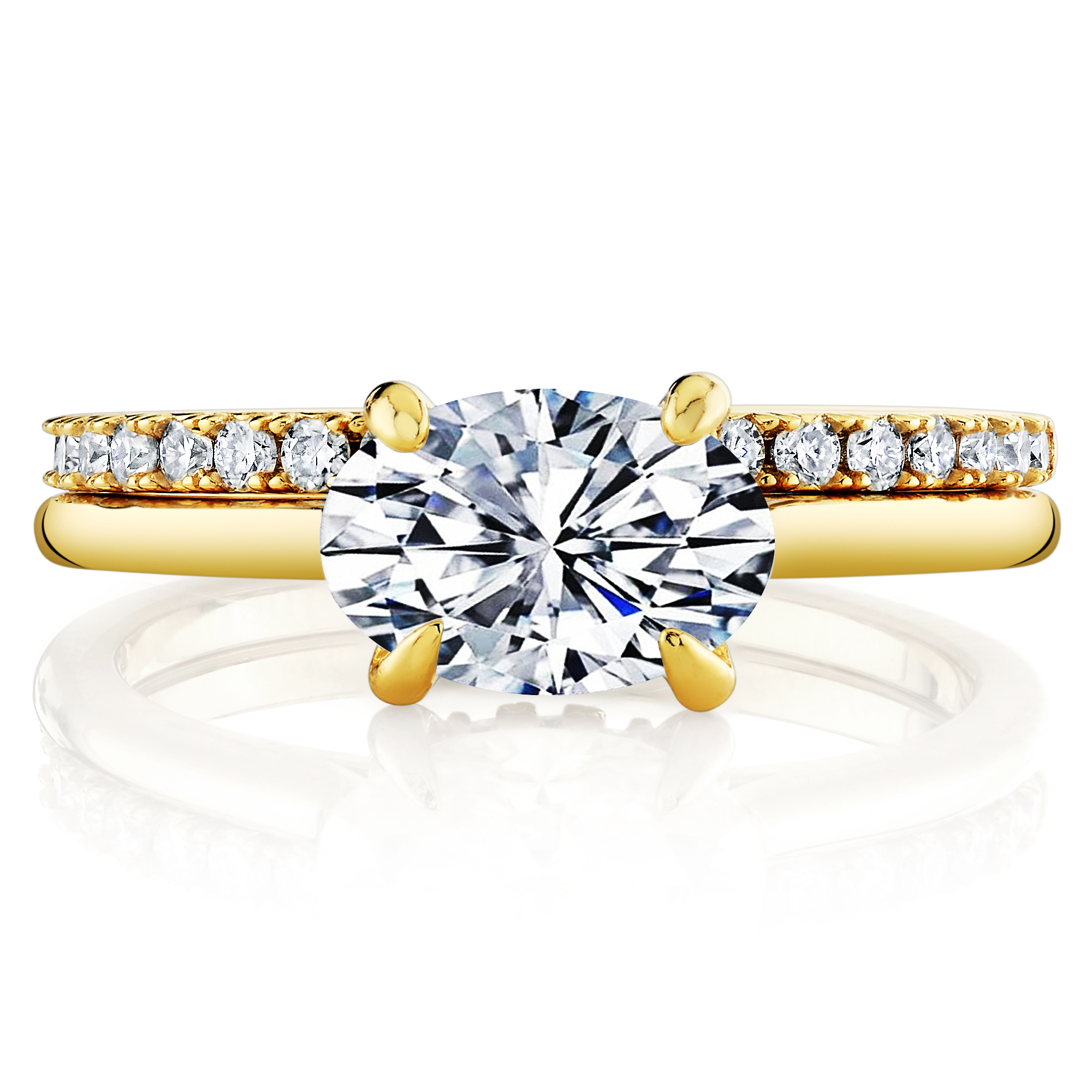 2Ct. Moissanite 18K Gold Sterling Silver East West Under Halo Engagement Wedding Ring Bridal Set