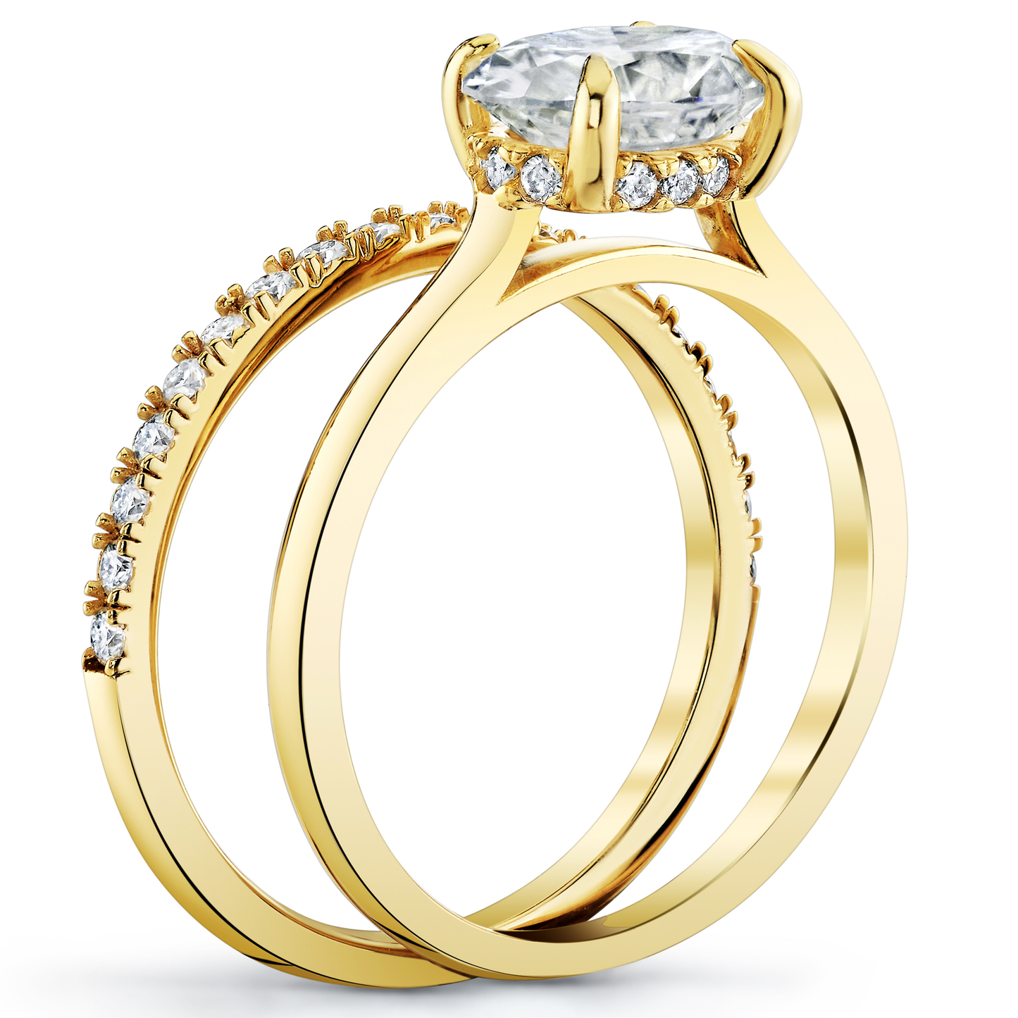 2Ct. Moissanite 18K Gold Sterling Silver East West Under Halo Engagement Wedding Ring Bridal Set