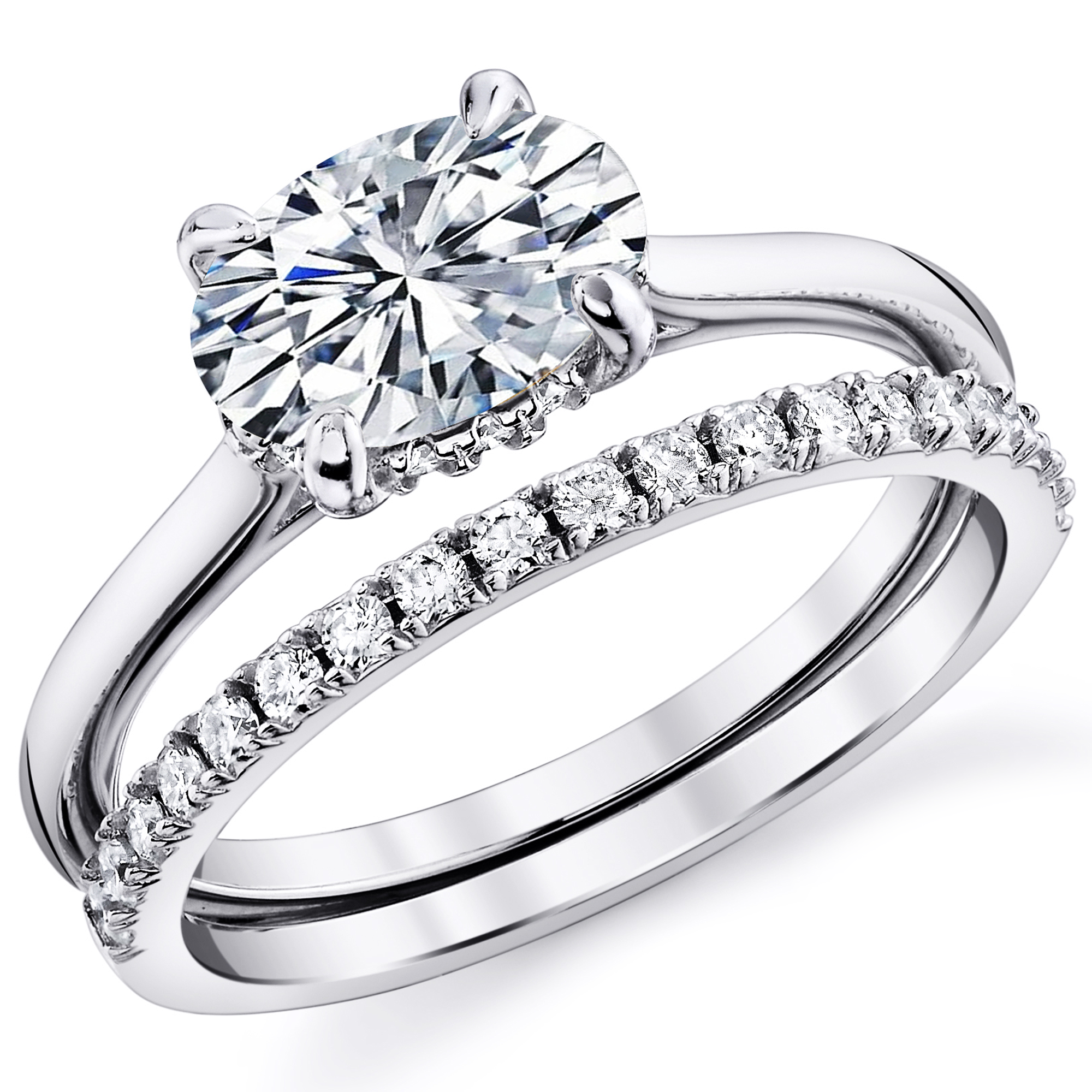2Ct. Moissanite 18K White Gold Sterling Silver East West Under Halo Engagement Wedding Ring Bridal Set