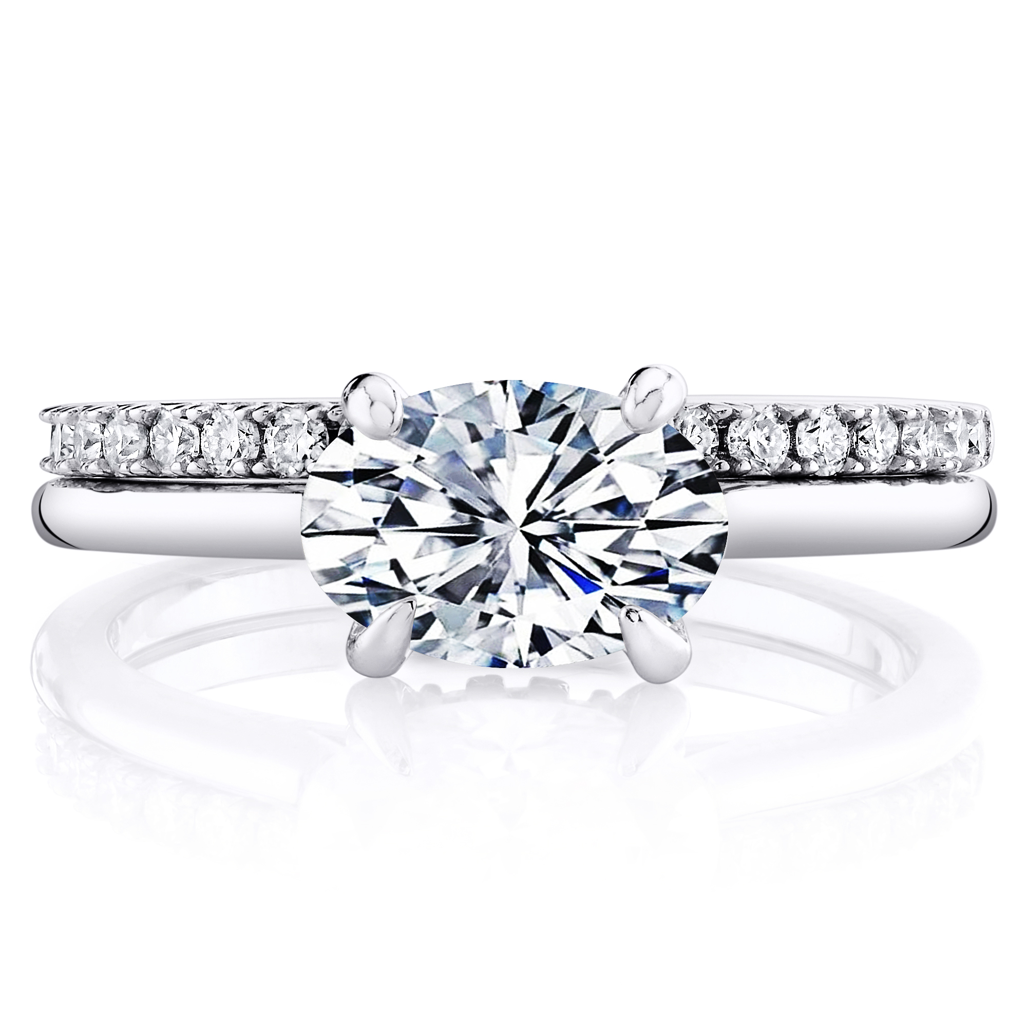 2Ct. Moissanite 18K White Gold Sterling Silver East West Under Halo Engagement Wedding Ring Bridal Set