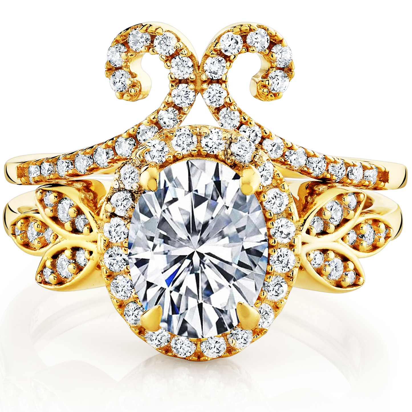 3Ct. Moissanite 18K Gold over Silver Halo Oval Papillion Engagement Wedding Ring Bridal Set