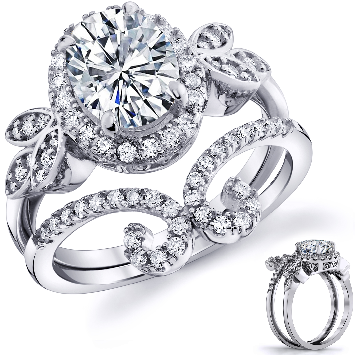 3Ct. Moissanite 18K White Gold over Silver Halo Oval Papillion Engagement Wedding Ring Bridal Set