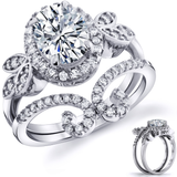 3Ct. Moissanite 18K White Gold over Silver Halo Oval Papillion Engagement Wedding Ring Bridal Set