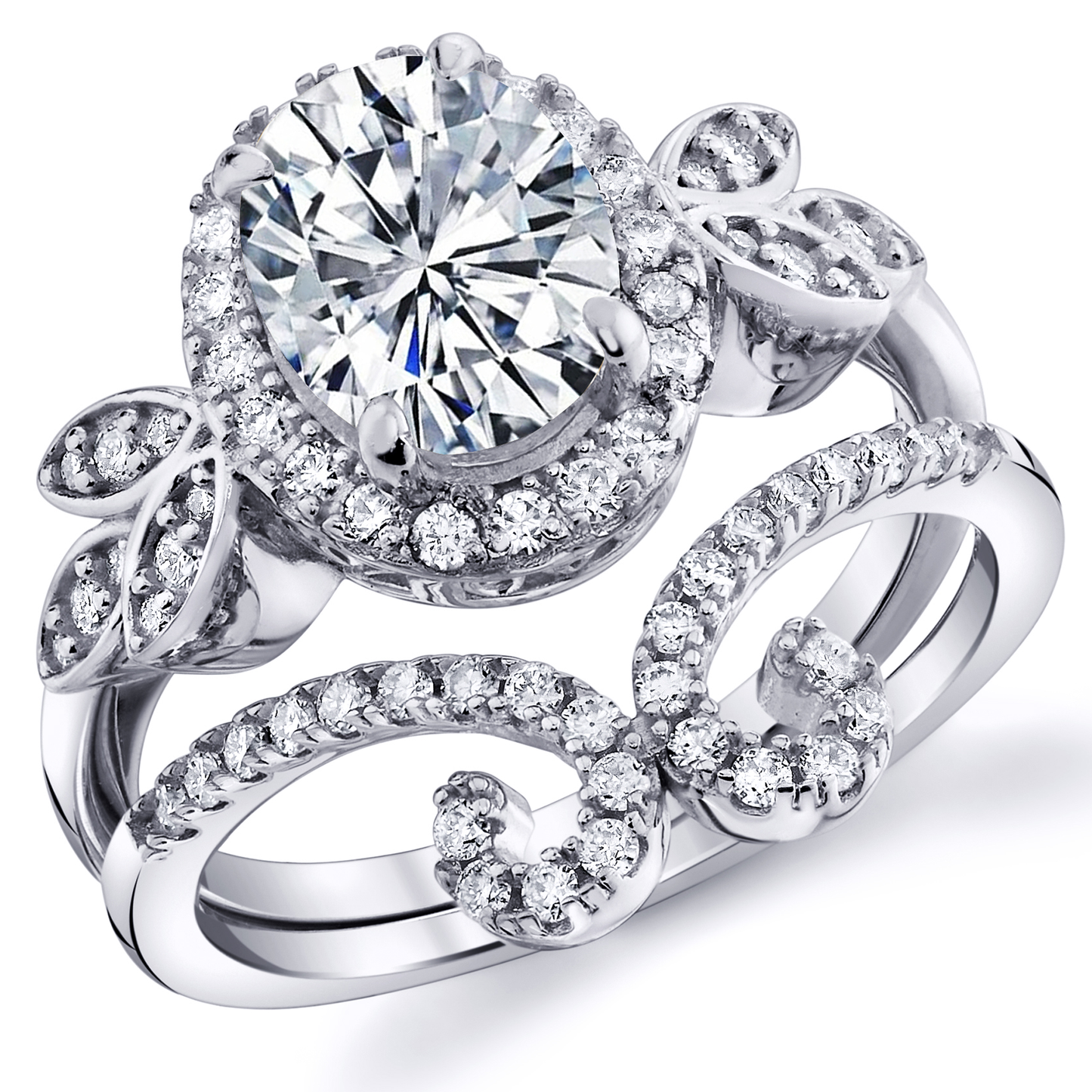 3Ct. Moissanite 18K White Gold over Silver Halo Oval Papillion Engagement Wedding Ring Bridal Set