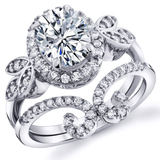 3Ct. Moissanite 18K White Gold over Silver Halo Oval Papillion Engagement Wedding Ring Bridal Set