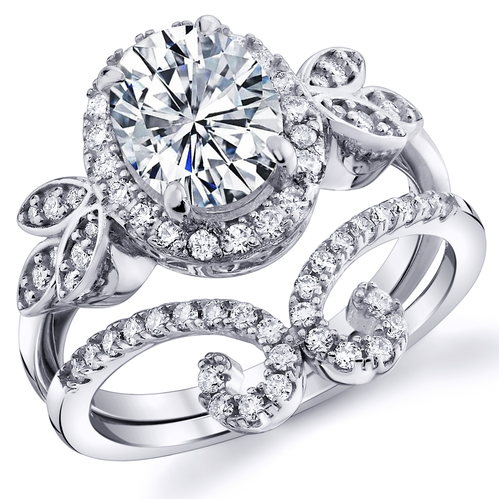3Ct. Moissanite 18K White Gold over Silver Halo Oval Papillion Engagement Wedding Ring Bridal Set
