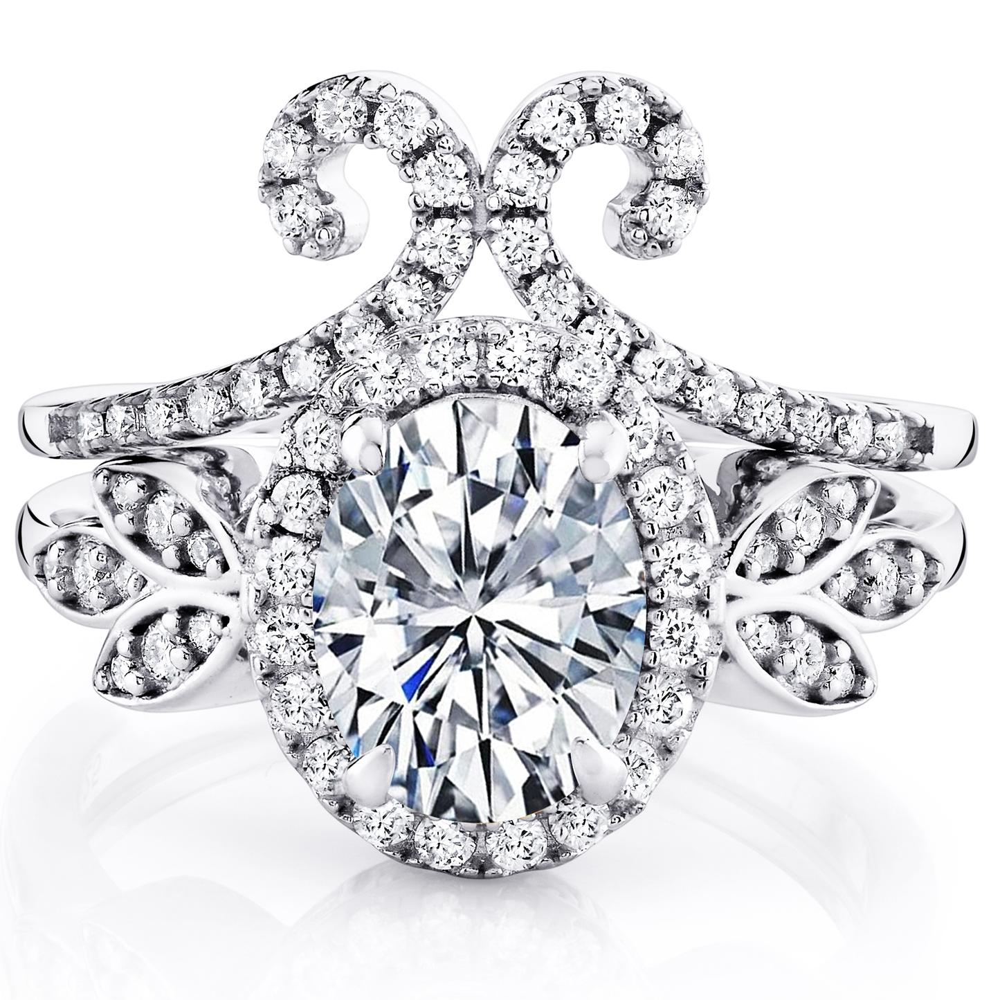 3Ct. Moissanite 18K White Gold over Silver Halo Oval Papillion Engagement Wedding Ring Bridal Set