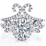 3Ct. Moissanite 18K White Gold over Silver Halo Oval Papillion Engagement Wedding Ring Bridal Set