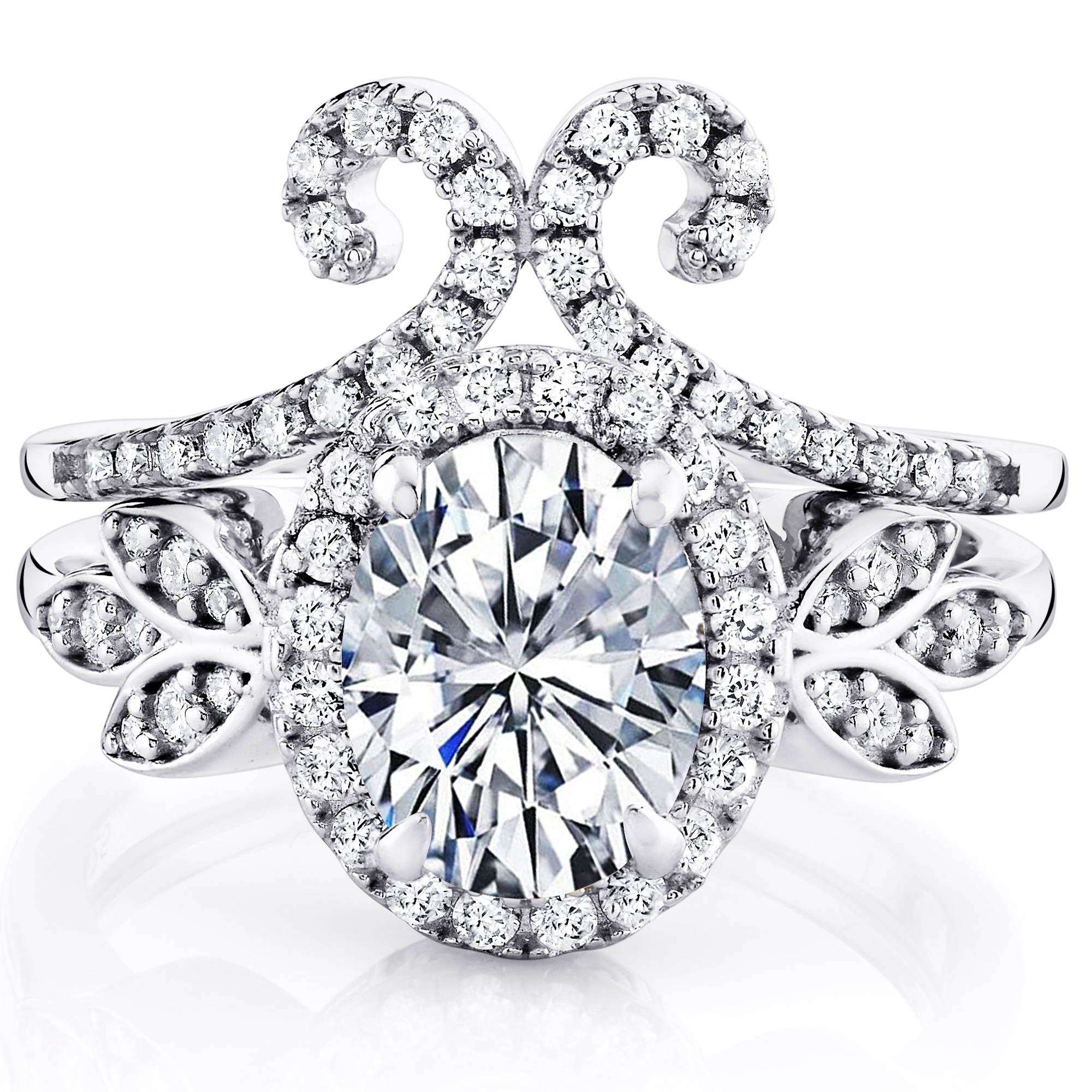 3Ct. Moissanite 18K White Gold over Silver Halo Oval Papillion Engagement Wedding Ring Bridal Set