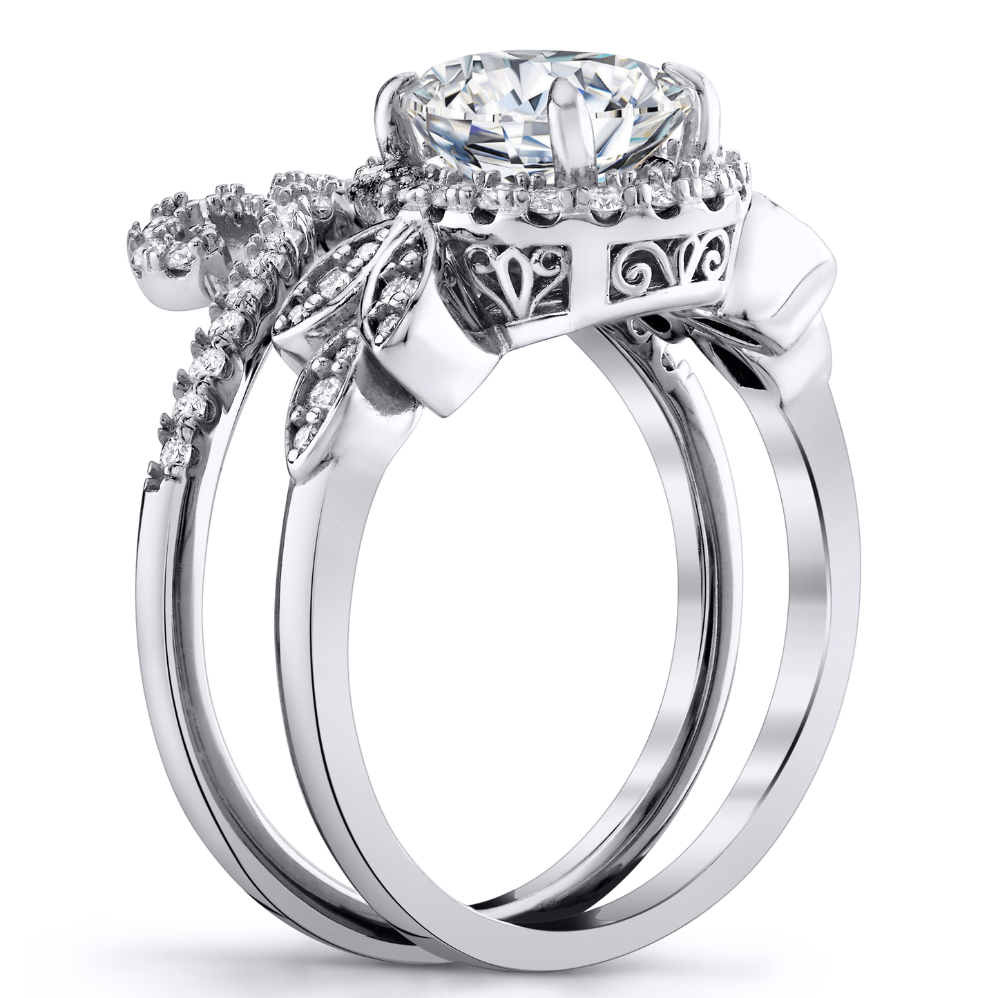 3Ct. Moissanite 18K White Gold over Silver Halo Oval Papillion Engagement Wedding Ring Bridal Set