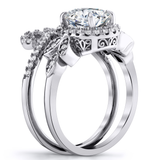 3Ct. Moissanite 18K White Gold over Silver Halo Oval Papillion Engagement Wedding Ring Bridal Set