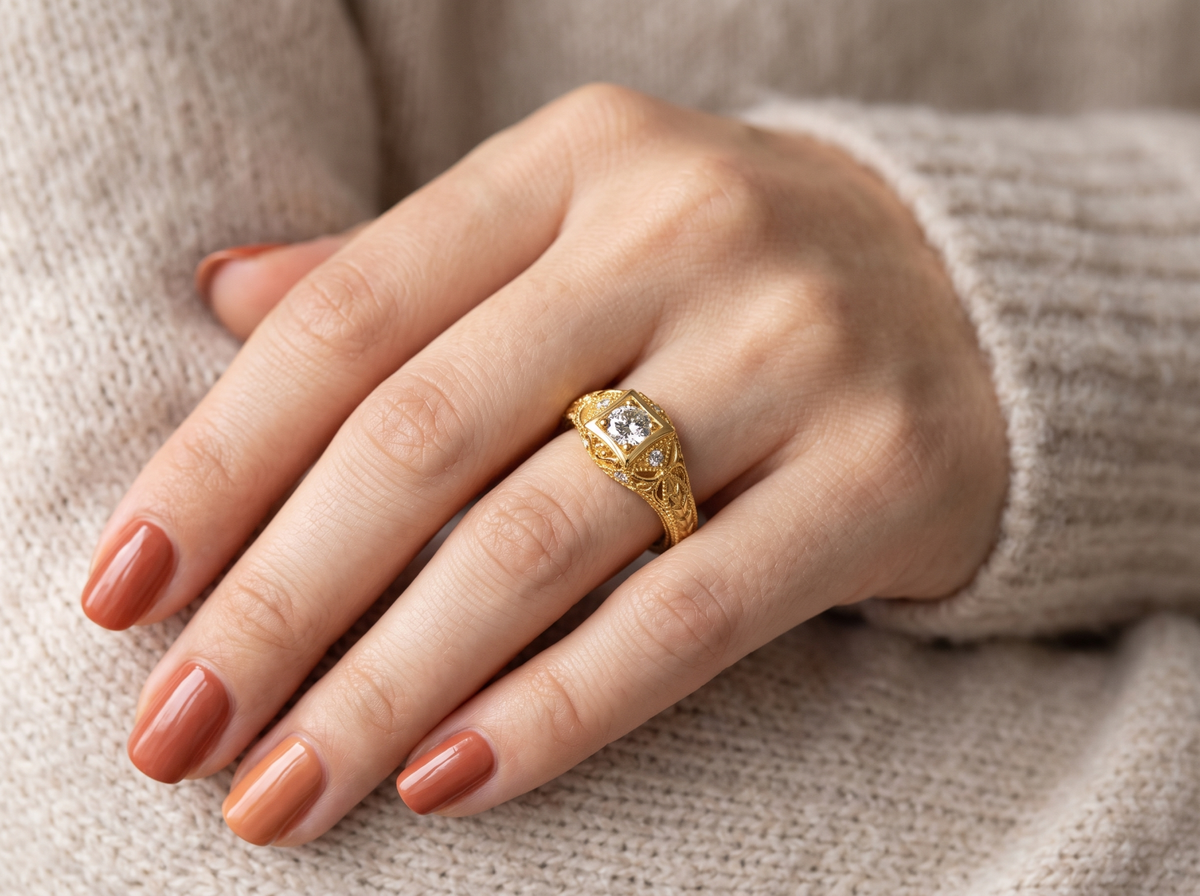 Women's 1Ct. Moissanite Carved 18K Gold over 925 Sterling Silver Vintage Bridal Engagement Ring VVS D-Color