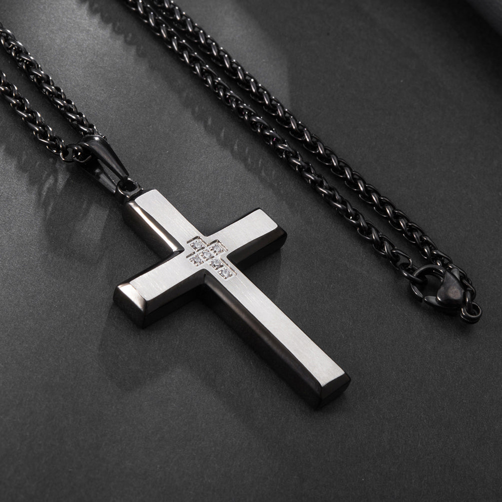 Men's Stainless Steel Cross Pendant Necklace Two-Tone Black Round Cubic Zirconia 24" Weat Chain