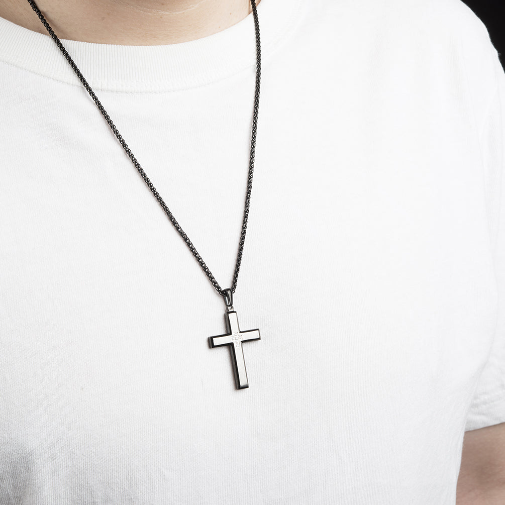 Men's Stainless Steel Cross Pendant Necklace Two-Tone Black Round Cubic Zirconia 24" Weat Chain