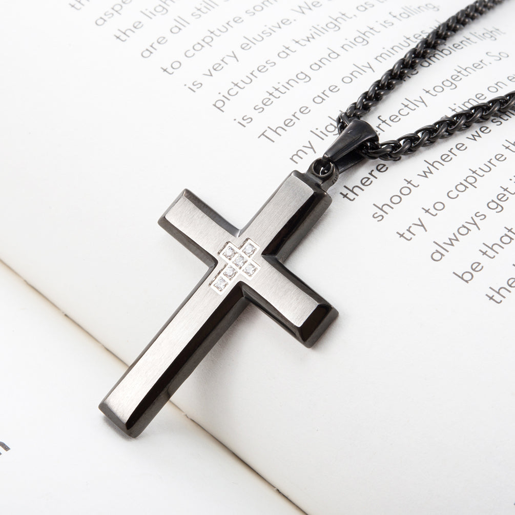 Men's Stainless Steel Cross Pendant Necklace Two-Tone Black Round Cubic Zirconia 24" Weat Chain