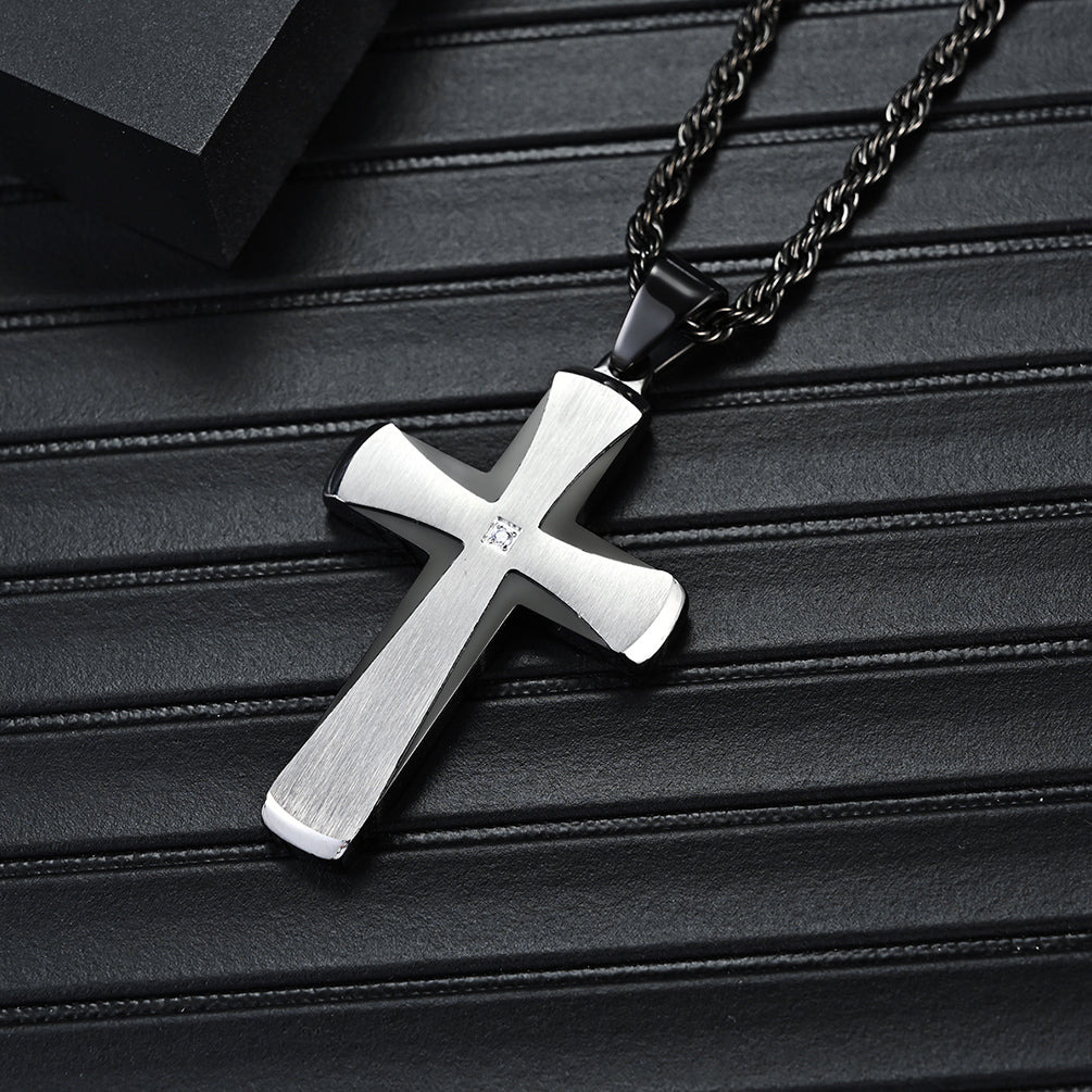 Men's Stainless Steel Cross Pendant Necklace Two-Tone Black Round Cubic Zirconia 24" Rope Chain