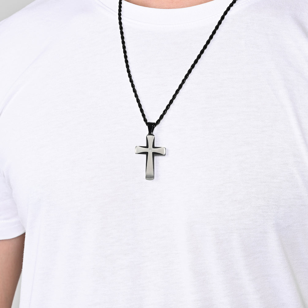 Men's Stainless Steel Cross Pendant Necklace Two-Tone Black Round Cubic Zirconia 24" Rope Chain