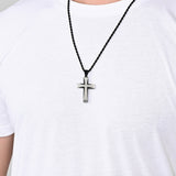 Men's Stainless Steel Cross Pendant Necklace Two-Tone Black Round Cubic Zirconia 24" Rope Chain